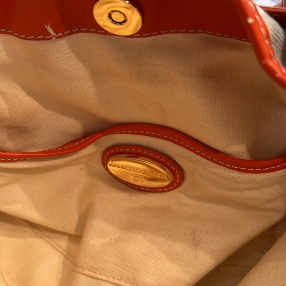 Francesco Biasia Cream & Tan Striped Canvas Bag with Orange Leather Trim - Picture 9 of 15